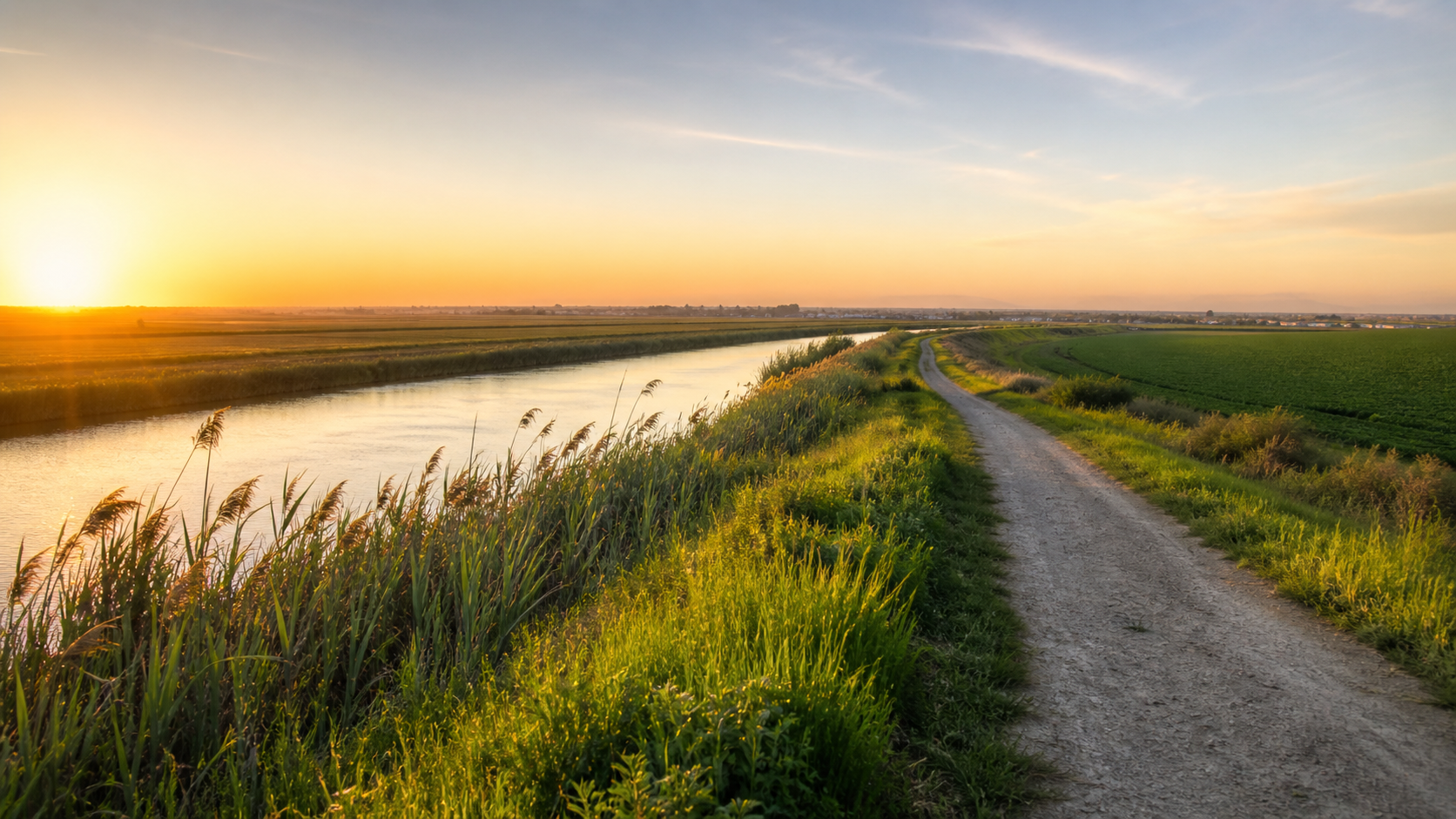 Low morning sun along a levee path beside the water in Lathrop